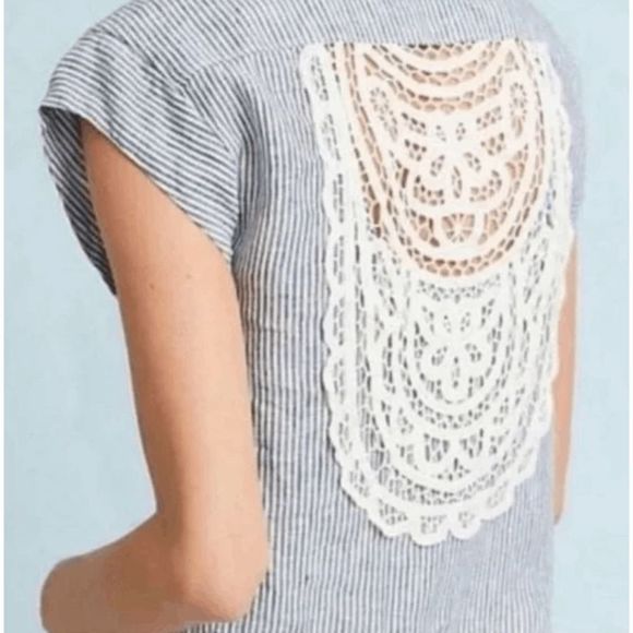 Anthropologie Maeve Women's Linen Camp Shirt Striped Blouse Lace Back Size Large - Picture 11 of 11